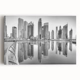 Black and white stretched canvas of Dubai skyline, ideal for kitchen wall art.