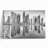 Black and white large art print of Dubai skyline on stretched canvas, ideal for kitchen wall art or bedroom decor.