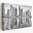 Large stretched canvas featuring a detailed Dubai skyline in muted earth tones, ideal for kitchen wall art.