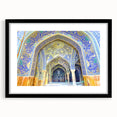 Colorful abstract art print of a Middle Eastern scenery, textured in a black frame, ideal for large living room walls.