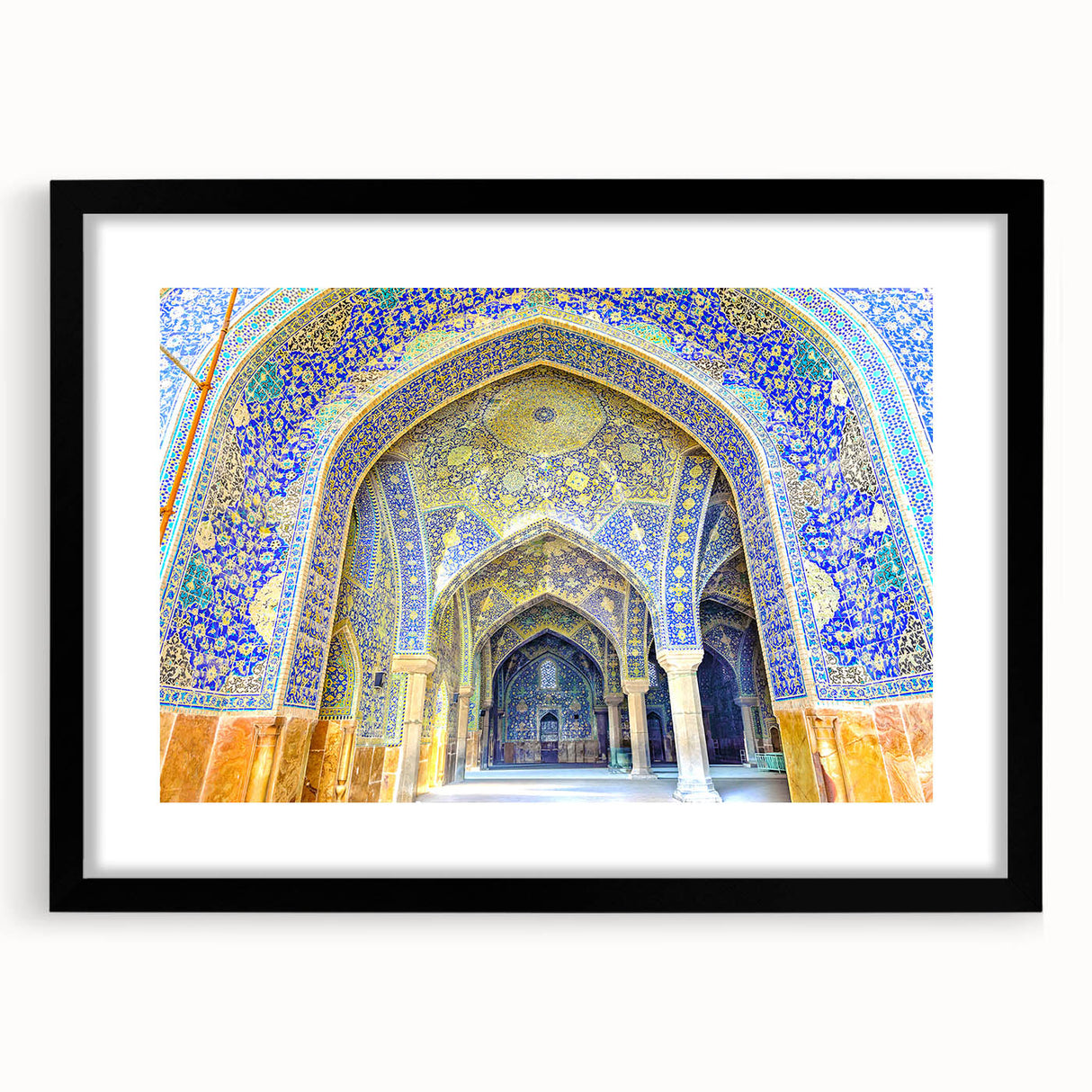 Colorful abstract art print of a Middle Eastern scenery, textured in a black frame, ideal for large living room walls.