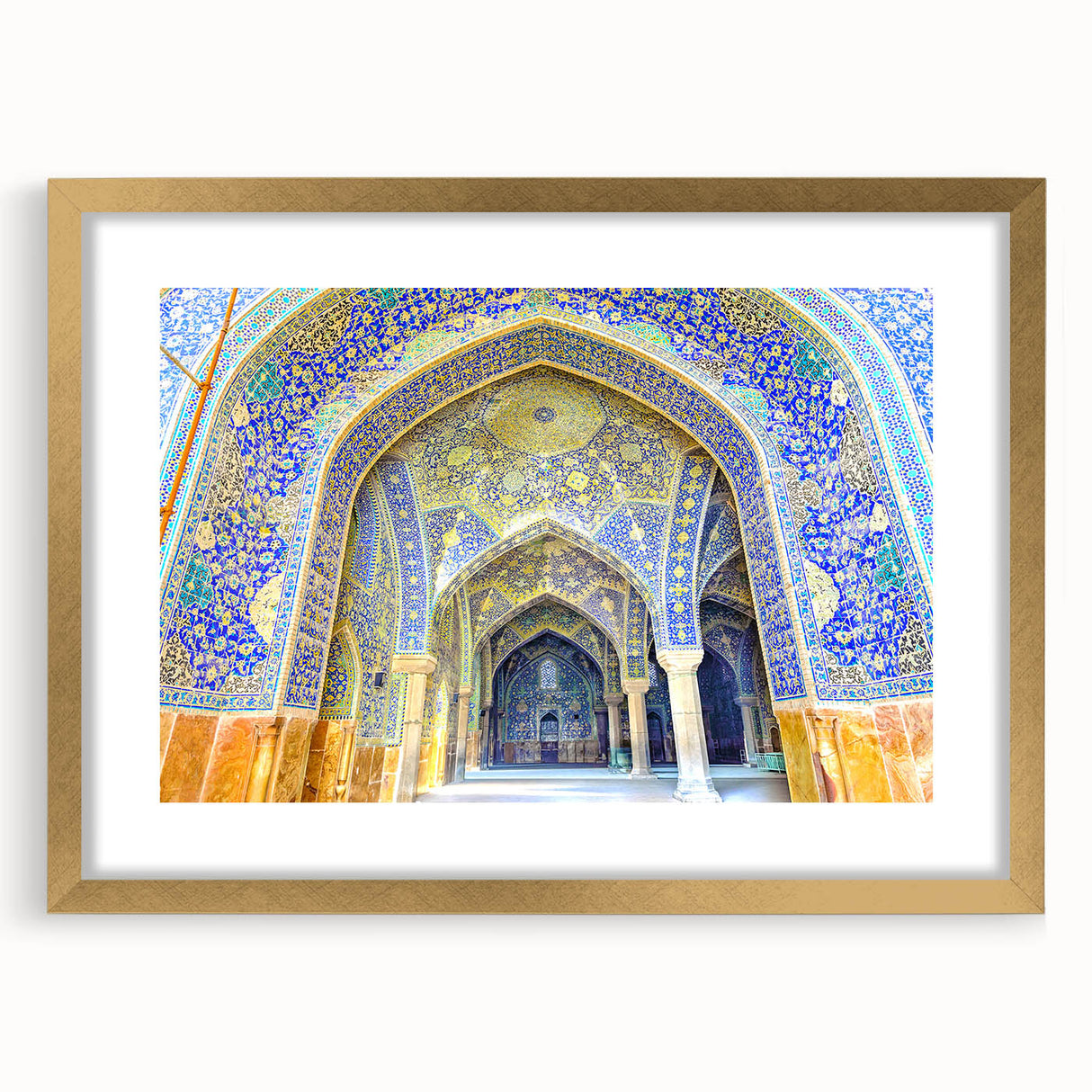Extra large abstract art print depicting a textured Middle Eastern scenery in muted gold and earth tones, framed with mat.