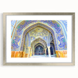 Textured abstract art print depicting a Middle Eastern landscape in muted earth tones, framed in silver.