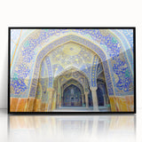 Large abstract wall art depicting a stylized Middle Eastern scenery in muted earth tones, framed in black acrylic.