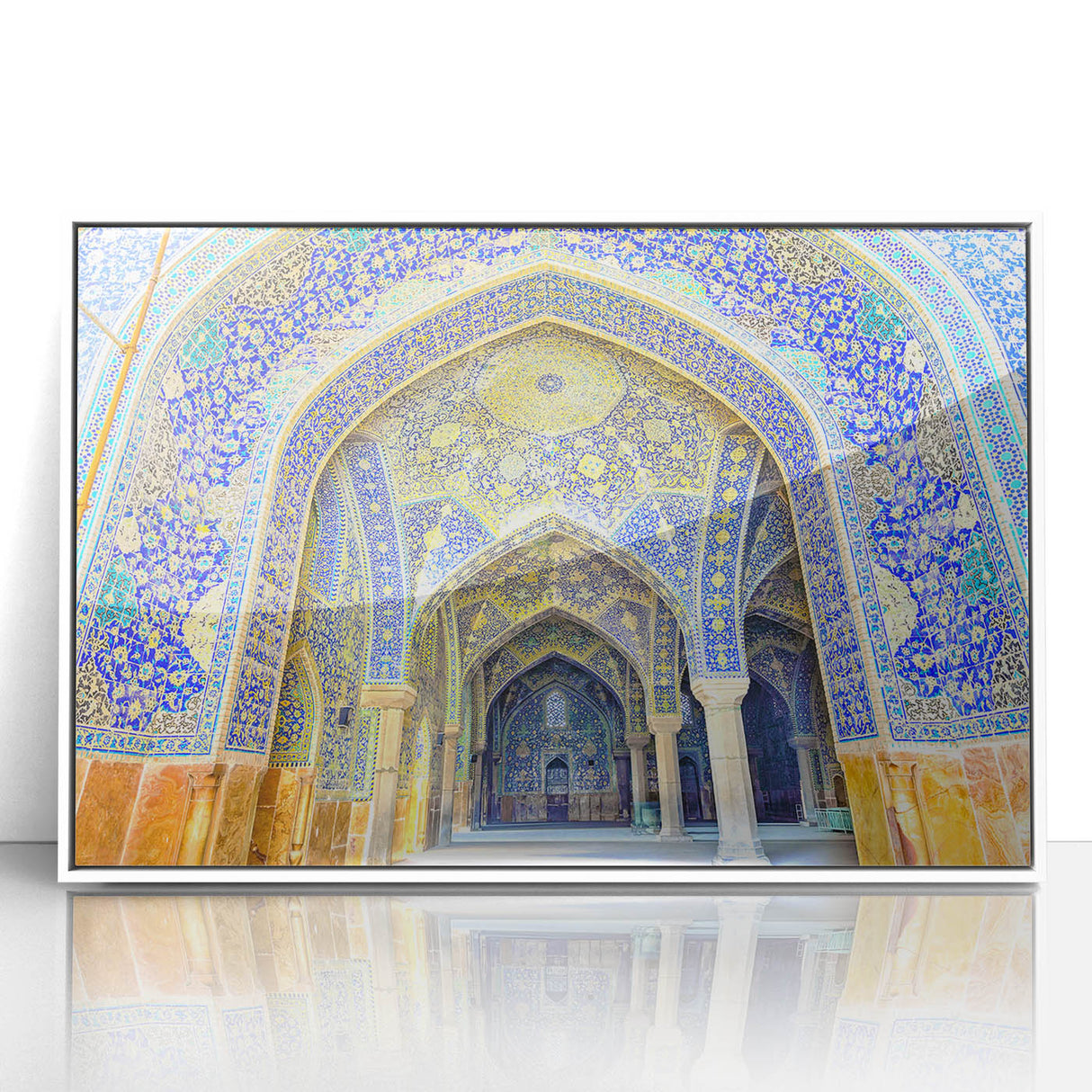 Art deco poster depicting a stylized Middle Eastern scenery in muted earth tones on a framed acrylic.