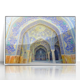 Art deco poster depicting a stylized Middle Eastern scenery in muted earth tones on a framed acrylic.