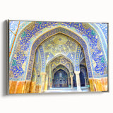 Landscape art painting of a Middle Eastern scene in colorful hues on framed canvas, ideal for living room decor.