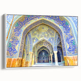 Vintage poster art of an Iranian landscape on a large framed canvas, featuring vibrant colors against a black background.