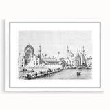 Abstract art print of a Middle Eastern landscape in muted earth tones on a framed white mat, ideal for dining room decor.