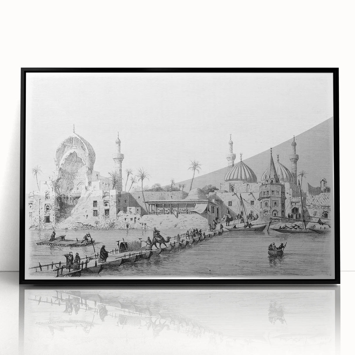 Large abstract wall art depicting a Middle Eastern scenery in black and white tones on a framed acrylic.