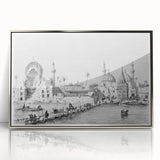 Mid-century modernist art depicting a serene Middle Eastern landscape in muted earth tones, framed in acrylic.
