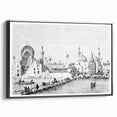 Black and white framed canvas depicting a vintage landscape scene of the Middle East, ideal for bedroom wall art.