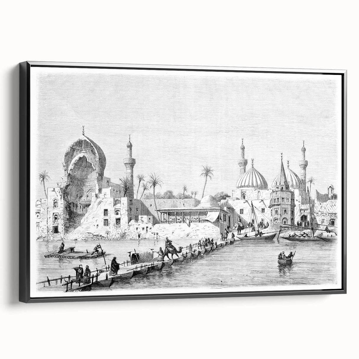Black and white framed canvas depicting a vintage landscape scene of the Middle East, ideal for bedroom wall art.