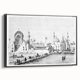 Black and white framed canvas depicting a vintage landscape scene of the Middle East, ideal for bedroom wall art.