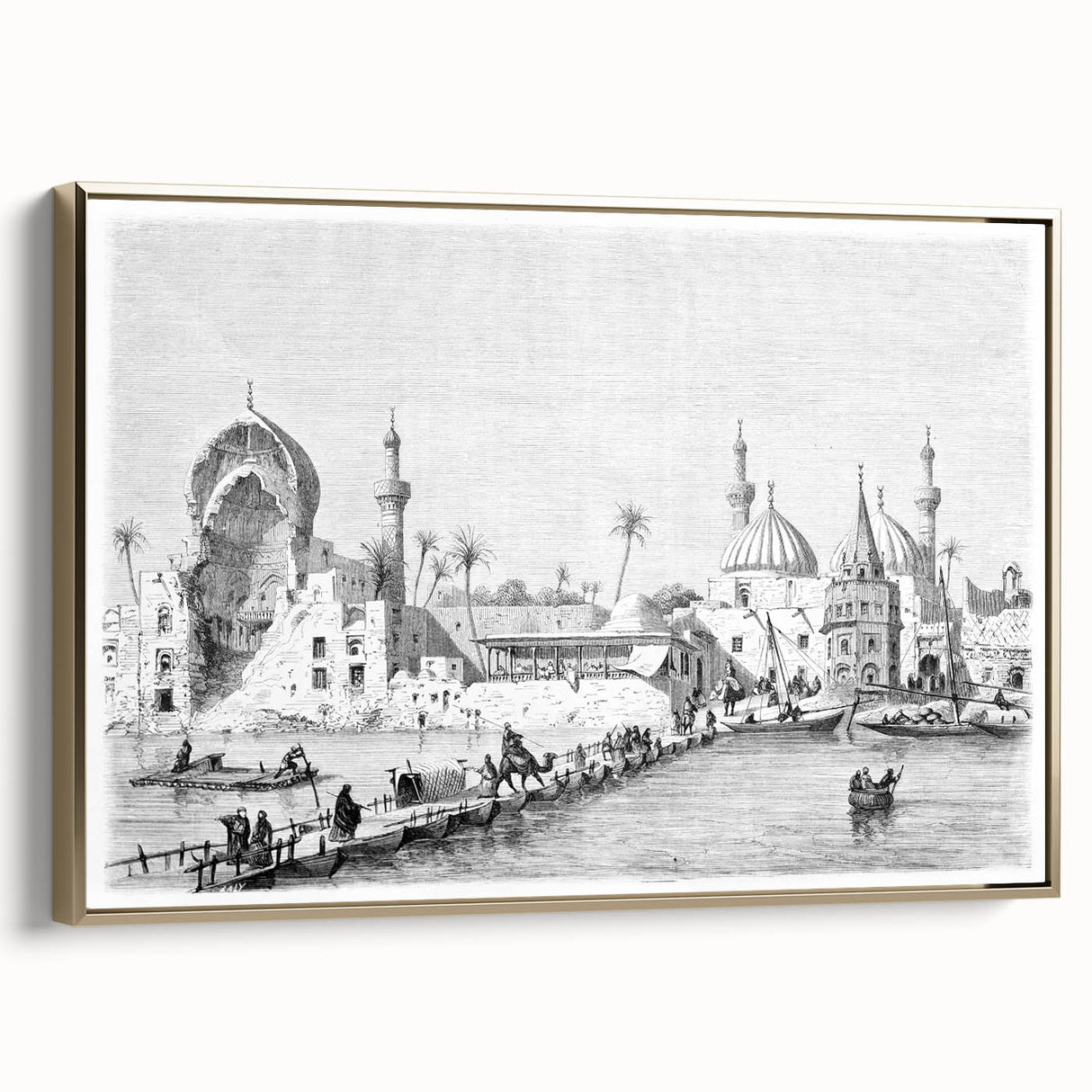 Framed canvas featuring a vintage-style landscape painting of a Middle Eastern scenery in gold and black tones.