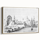 Framed canvas featuring a vintage-style landscape painting of a Middle Eastern scenery in gold and black tones.