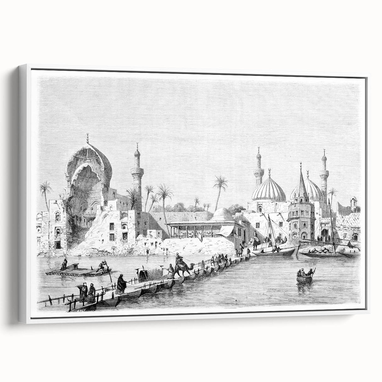 Vintage poster art of a Middle Eastern Iraqi scenery on framed canvas, featuring colorful art with black borders.
