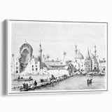 Vintage poster art of a Middle Eastern Iraqi scenery on framed canvas, featuring colorful art with black borders.