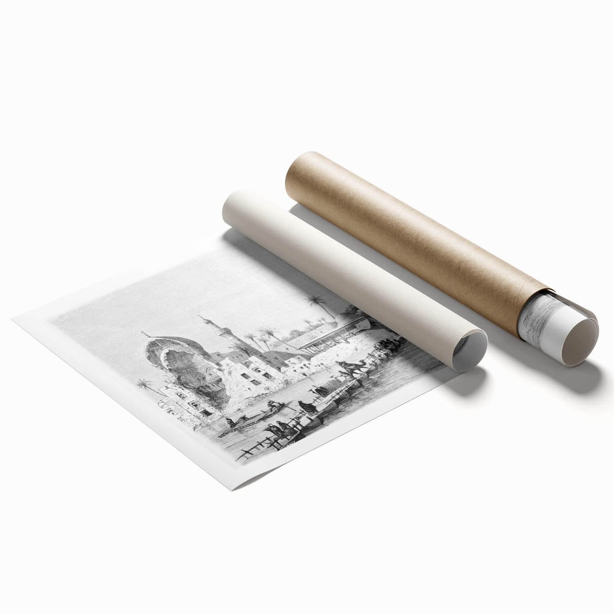 Extra large rolled print depicting a Middle Eastern scenery with floral elements in muted earth tones.