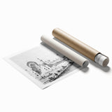 Extra large rolled print depicting a Middle Eastern scenery with floral elements in muted earth tones.