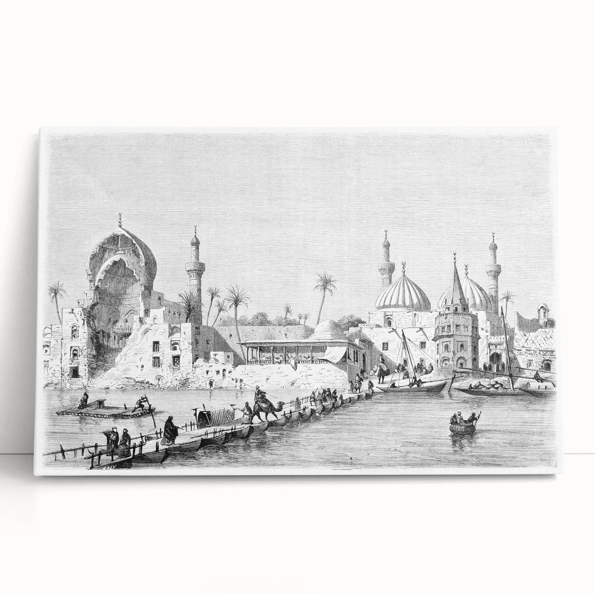 Black and white stretched canvas depicting a Middle Eastern Iraq scenery, ideal for kitchen wall art or bedroom ambiance.