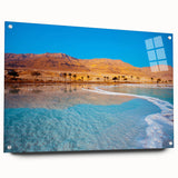 Acrylic print of the Dead Sea landscape in muted earth tones, suitable for bedroom or dining room decor.
