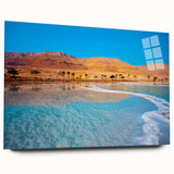 Acrylic print of the Dead Sea in muted blue and beige tones, suitable for bedroom or dining room art.