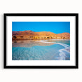 Extra large abstract art print of the Dead Sea in vibrant blue and teal hues on a textured canvas.