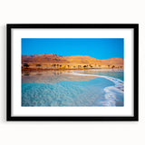 Extra large abstract art print of the Dead Sea in vibrant blue and teal hues on a textured canvas.