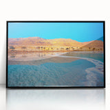 Large abstract wall art depicting the Dead Sea in muted blue and gray tones on a framed acrylic.