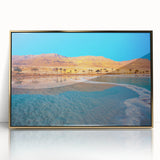 Framed acrylic print of the Dead Sea with gold tones in a mid-century modernist style, ideal for modern art wall decor.