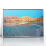 Acrylic print of the Dead Sea with muted blue and white tones in an art deco style, ideal for modern art wall decor.