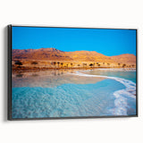 Black and white framed canvas of the Dead Sea landscape, ideal for bedroom wall art in vintage poster style.