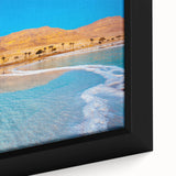 Extra large framed canvas featuring a textured, colorful depiction of the Dead Sea in muted blue and gray tones.