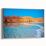 Framed canvas landscape art painting of the Dead Sea with muted blue and gray tones, ideal for living room decor.