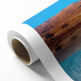 Art deco poster of the Dead Sea in muted blue and beige tones, rolled canvas, suitable for nursery wall art.
