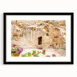 Colorful abstract art print of Jerusalem skyline in vibrant shades on extra large textured canvas.