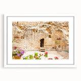 Abstract art print of Jerusalem skyline in muted earth tones on a framed white mat, suitable for dining room decor.