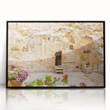 Large abstract wall art depicting Jerusalem skyline in muted earth tones on a framed acrylic.