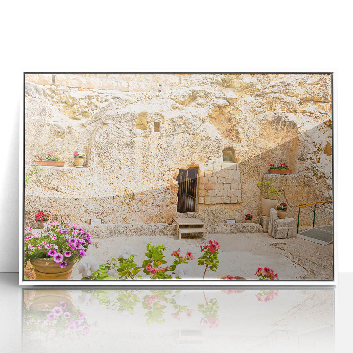 Art deco poster of Jerusalem skyline in muted earth tones on framed acrylic, ideal for modern art wall decor.