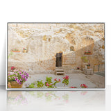 Art deco poster of Jerusalem skyline in muted earth tones on framed acrylic, ideal for modern art wall decor.