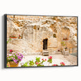 Black and white framed canvas of Jerusalem landscape, vintage poster style, ideal for bedroom decor.