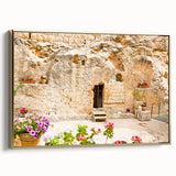 Framed canvas depicting a vintage-style landscape of Jerusalem in muted gold and black tones, suitable for bedroom wall art.