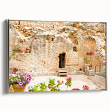 Framed canvas featuring a vintage-style landscape painting of Jerusalem in colorful hues.