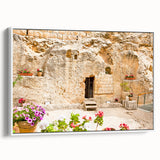 Vintage poster art of Jerusalem with colorful detailing on a large framed canvas, suitable for living room decor.