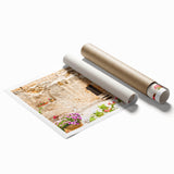 Extra large rolled print of Jerusalem scenery with floral motifs in soft pastel shades, ideal for classy bathroom wall art.