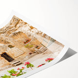 Extra large rolled print of Jerusalem scenery with line art flowers in muted earth tones.