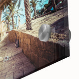 Large abstract wall art of Tel Aviv skyline in muted blues and greys on acrylic glass, ideal for dining room art.