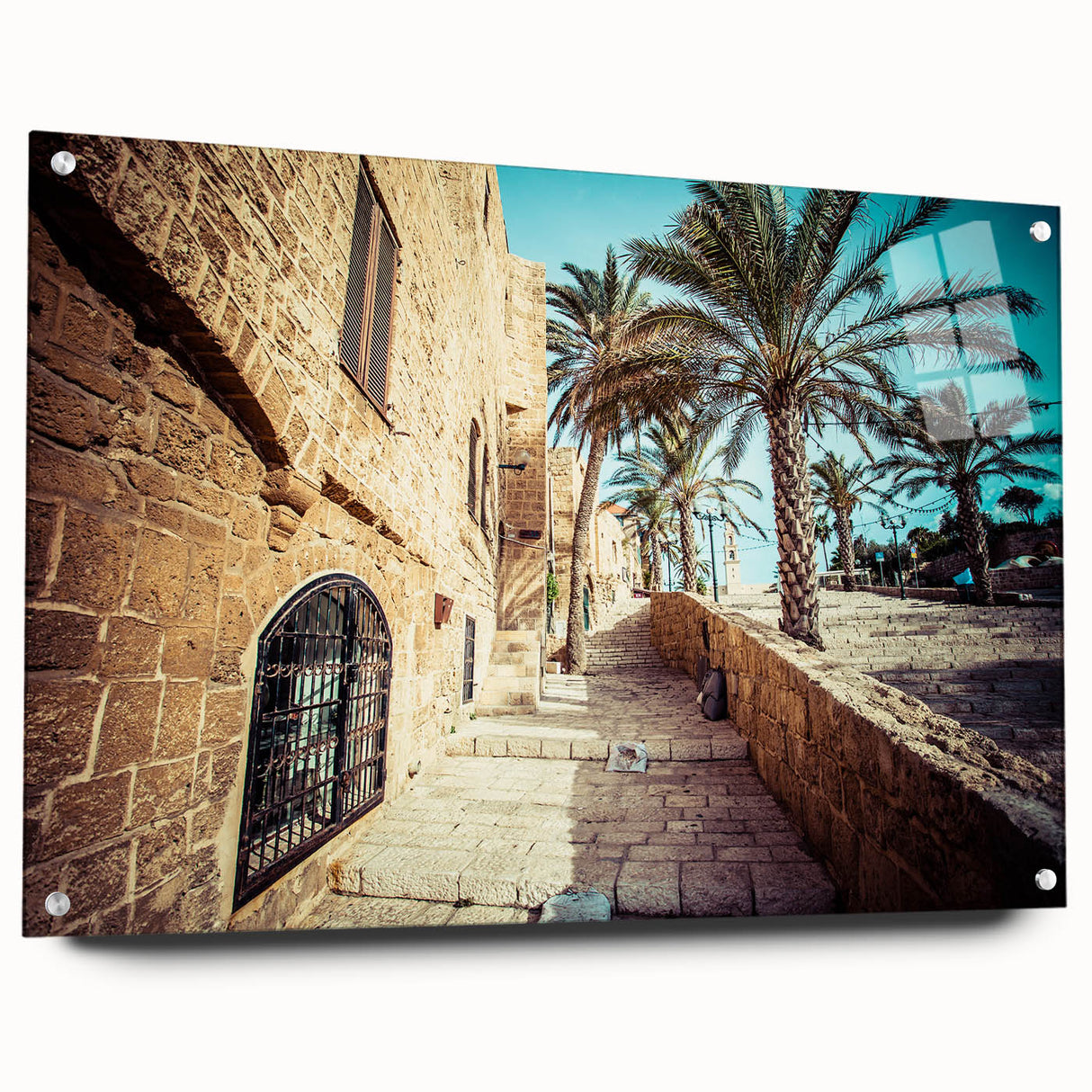 Acrylic print of Tel Aviv skyline in muted earth tones, suitable for bedroom or dining room decor.
