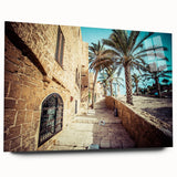 Large abstract wall art of Tel Aviv skyline in muted blue and gray tones on acrylic glass.